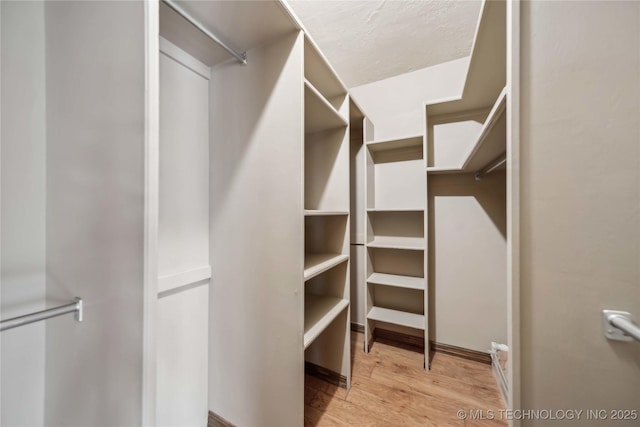 walk in closet with light hardwood / wood-style floors