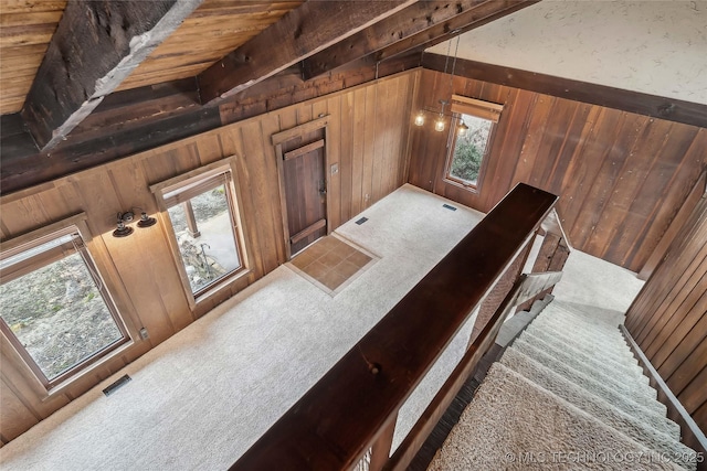 carpeted foyer entrance with a wealth of natural light and wooden walls