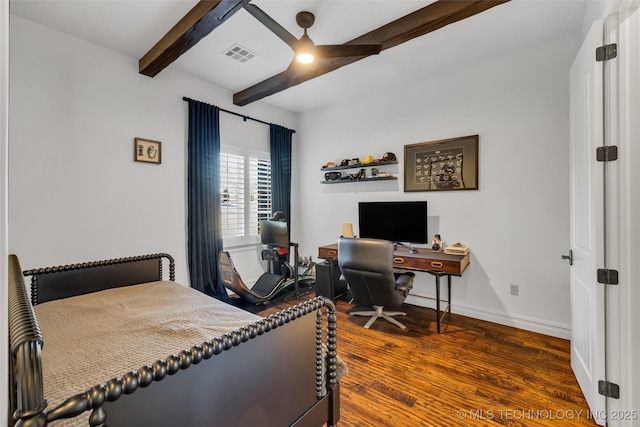 bedroom with ceiling fan, beam ceiling, and dark hardwood / wood-style flooring