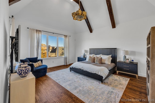 bedroom with dark wood-type flooring, high vaulted ceiling, and beamed ceiling