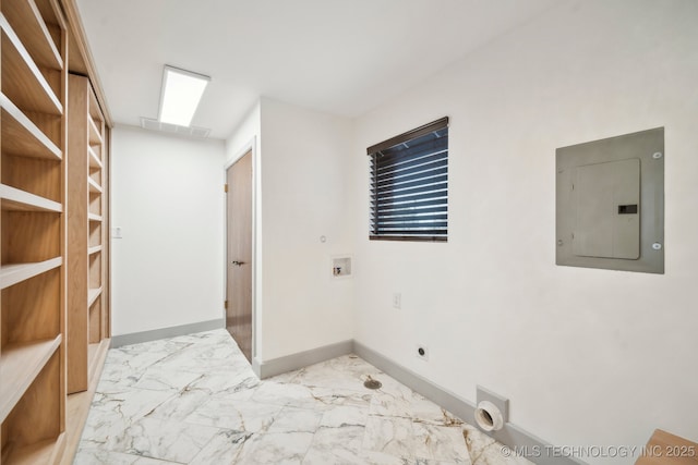 6642 E 60th Pl, Tulsa, OK 74145 - laundry room featuring electric panel, electric dryer hookup, hookup for a washing machine, and light marble finish flooring