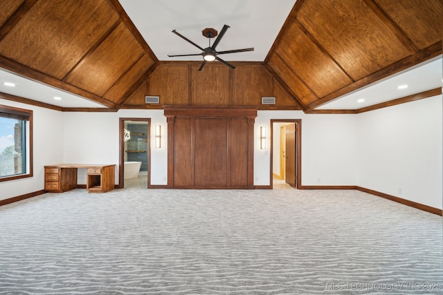 unfurnished living room with wood ceiling, ceiling fan, and light carpet