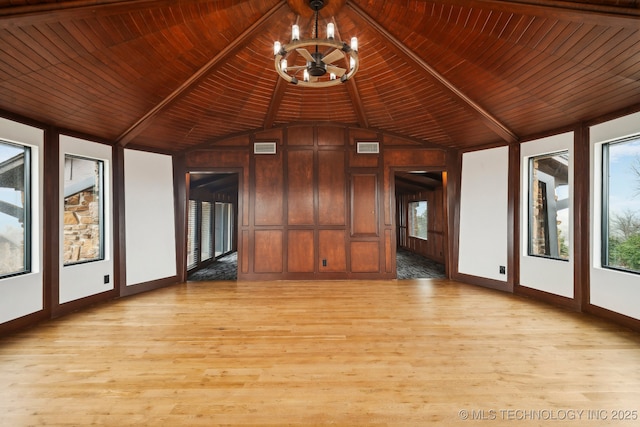 interior space featuring lofted ceiling, wood ceiling, light hardwood / wood-style flooring, a notable chandelier, and wood walls