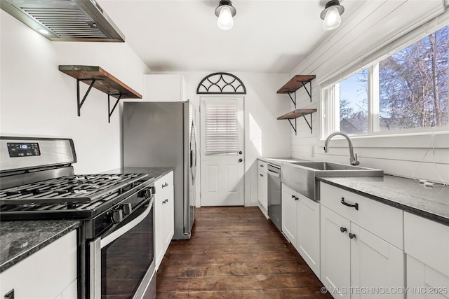 kitchen with wall chimney exhaust hood, sink, white cabinetry, appliances with stainless steel finishes, and dark hardwood / wood-style flooring