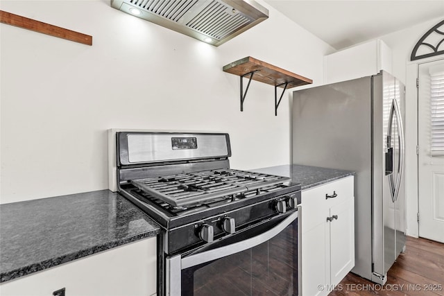 kitchen with stainless steel appliances, custom exhaust hood, dark hardwood / wood-style floors, and white cabinetry