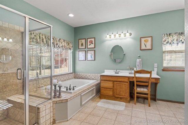 bathroom featuring vanity, separate shower and tub, and tile patterned flooring