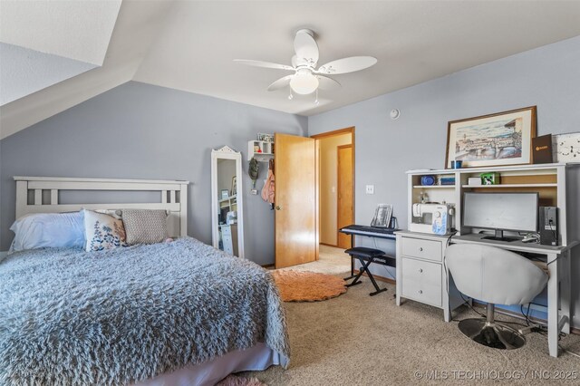 bedroom with lofted ceiling, light colored carpet, and ceiling fan