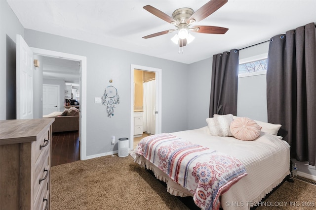 carpeted bedroom with connected bathroom and ceiling fan