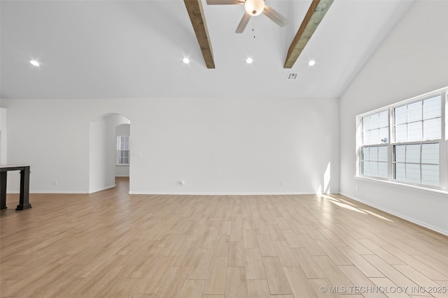 unfurnished living room featuring beam ceiling, ceiling fan, high vaulted ceiling, and light wood-type flooring