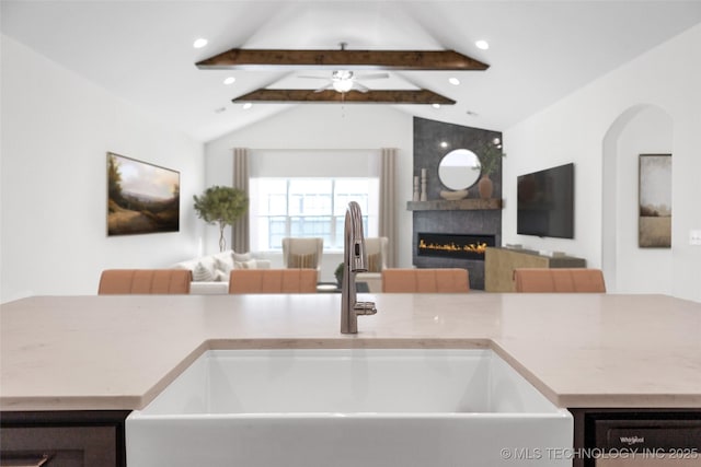 1941 W Huntsville Pl, Broken Arrow, OK 74011 - kitchen with open floor plan, a fireplace, a ceiling fan, light countertops, and recessed lighting