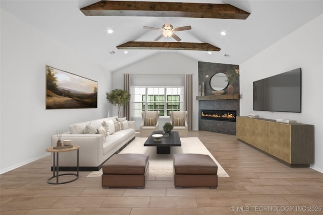1941 W Huntsville Pl, Broken Arrow, OK 74011 - living room featuring beam ceiling, a large fireplace, light wood-style floors, a ceiling fan, and high vaulted ceiling