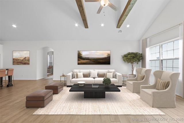1941 W Huntsville Pl, Broken Arrow, OK 74011 - living room with arched walkways, wood finished floors, beam ceiling, high vaulted ceiling, and ceiling fan