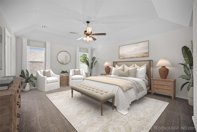 carpeted bedroom with lofted ceiling and ceiling fan