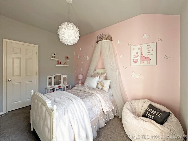 carpeted bedroom featuring vaulted ceiling