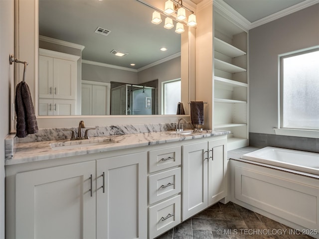 bathroom featuring vanity, crown molding, and separate shower and tub