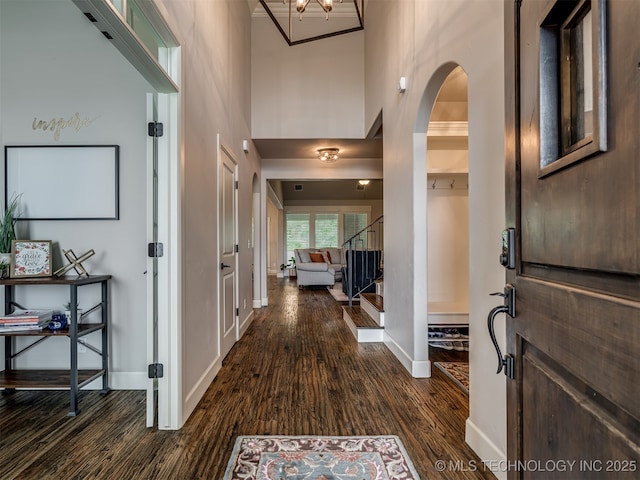 foyer entrance with a towering ceiling and dark hardwood / wood-style floors