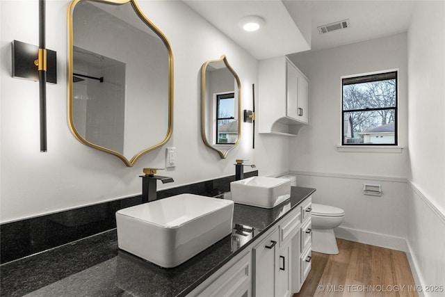 bathroom featuring hardwood / wood-style flooring, vanity, and toilet