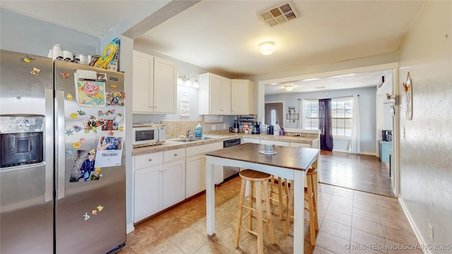 kitchen with light tile patterned flooring, white cabinetry, sink, kitchen peninsula, and stainless steel appliances