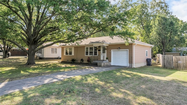 single story home featuring a garage and a front lawn