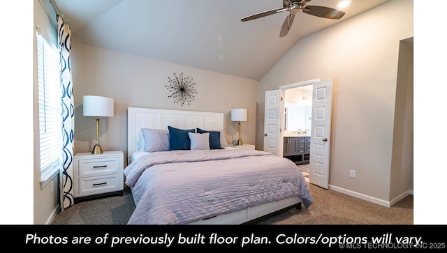 carpeted bedroom with ceiling fan, lofted ceiling, and connected bathroom