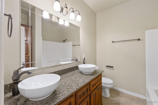 bathroom with vanity, tile patterned floors, and toilet