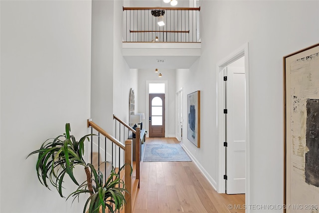 foyer with a towering ceiling and light hardwood / wood-style floors