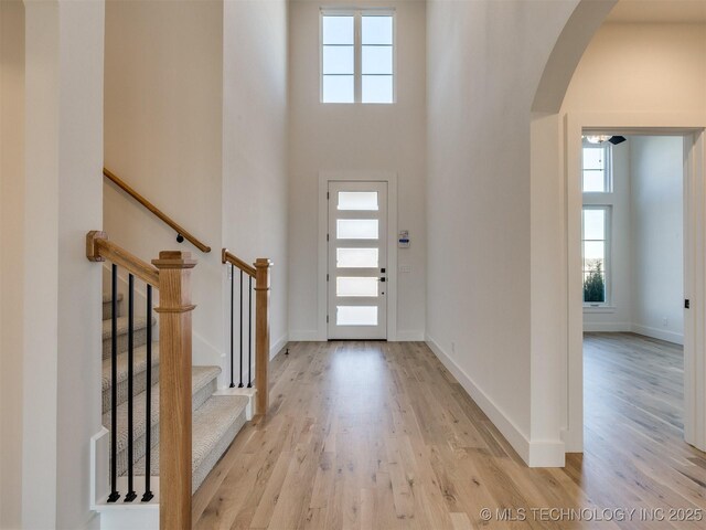 entrance foyer with a towering ceiling and light hardwood / wood-style flooring