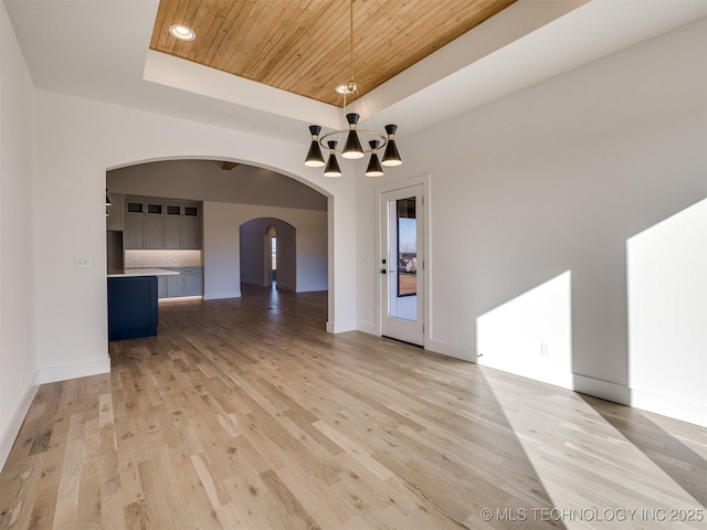 interior space featuring a chandelier, wooden ceiling, light hardwood / wood-style floors, and a tray ceiling