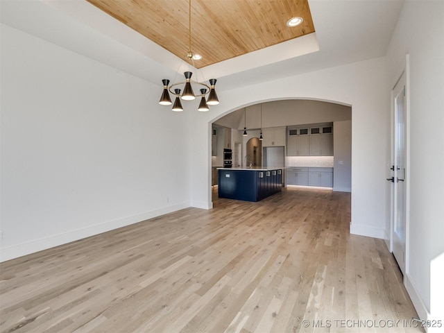 unfurnished living room with sink, a chandelier, a tray ceiling, wooden ceiling, and light wood-type flooring