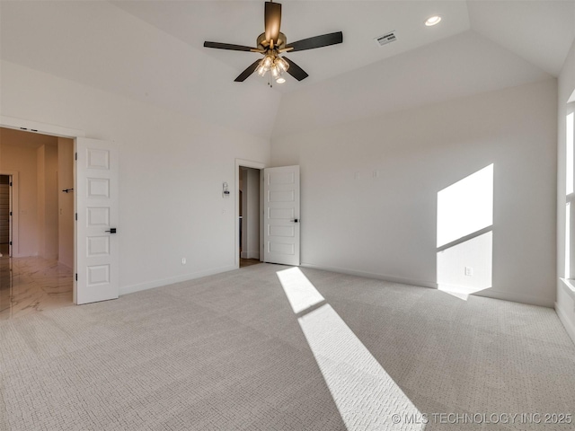 unfurnished room featuring high vaulted ceiling, light carpet, and ceiling fan