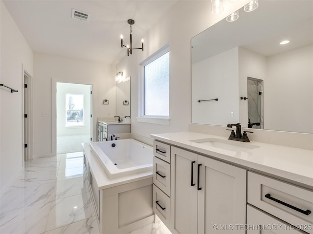 bathroom with vanity and plus walk in shower