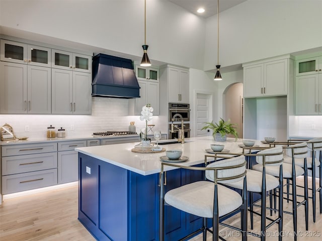 2508 E 135th Dr S, Bixby, OK 74008 - kitchen featuring premium range hood, high vaulted ceiling, stainless steel appliances, arched walkways, and tasteful backsplash