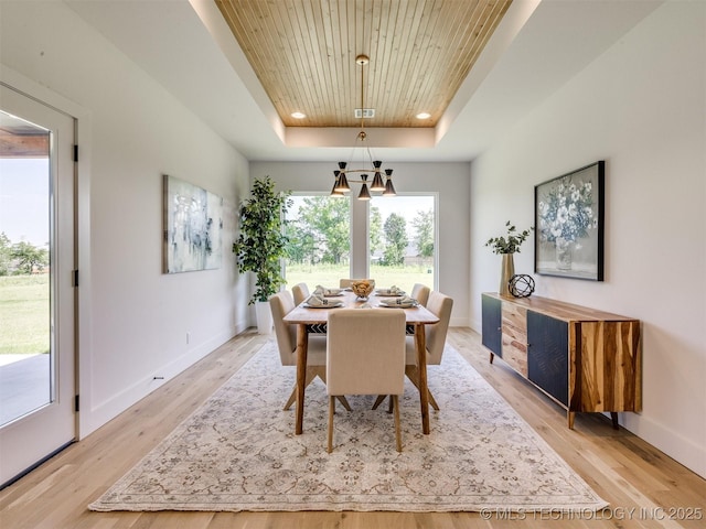 2508 E 135th Dr S, Bixby, OK 74008 - dining area with a raised ceiling, wooden ceiling, light wood-style flooring, baseboards, and a chandelier