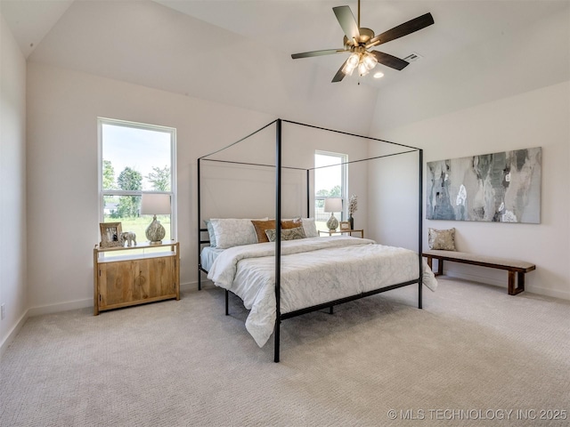 2508 E 135th Dr S, Bixby, OK 74008 - bedroom with vaulted ceiling, light carpet, baseboards, and a ceiling fan