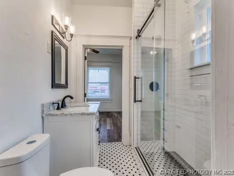 bathroom with a shower with door, vanity, and toilet