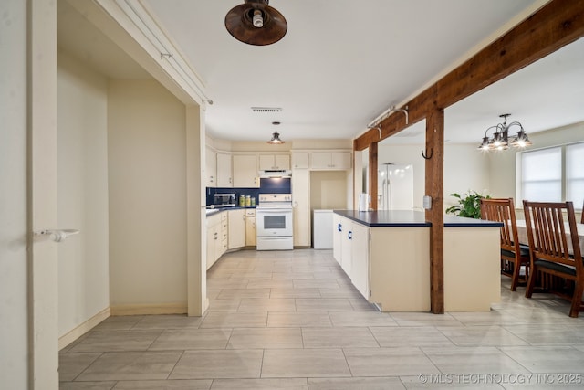 kitchen featuring beamed ceiling, a chandelier, hanging light fixtures, kitchen peninsula, and white appliances