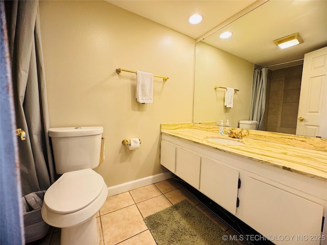 bathroom with walk in shower, tile patterned floors, toilet, and vanity