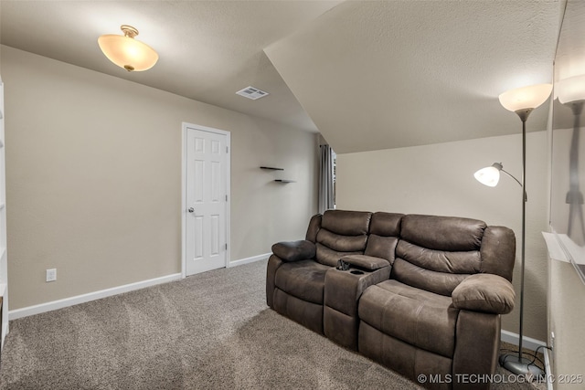 carpeted living room with a textured ceiling