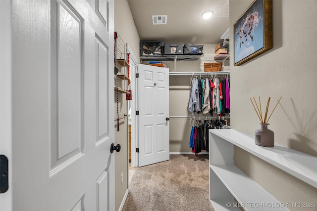 walk in closet with light carpet