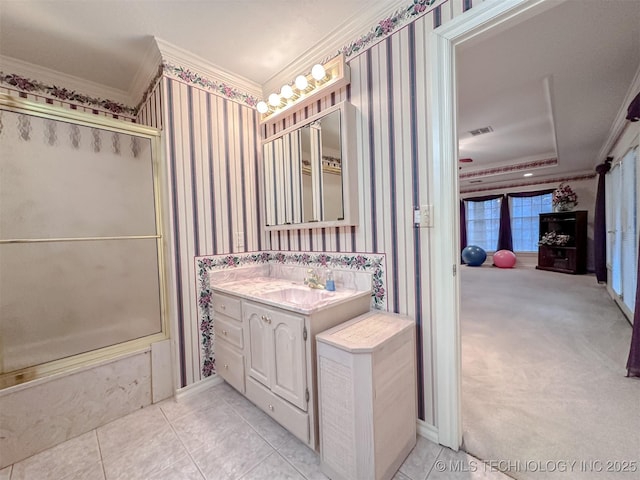 bathroom featuring wallpapered walls, visible vents, ornamental molding, tile patterned floors, and vanity