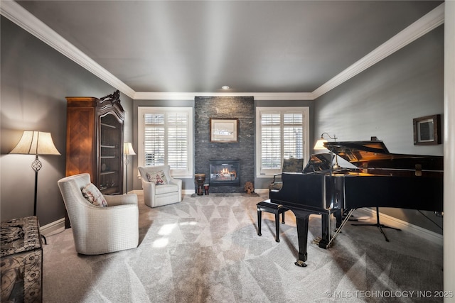 living area featuring a fireplace, ornamental molding, and carpet flooring