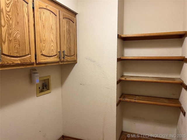 clothes washing area with washer hookup and cabinets