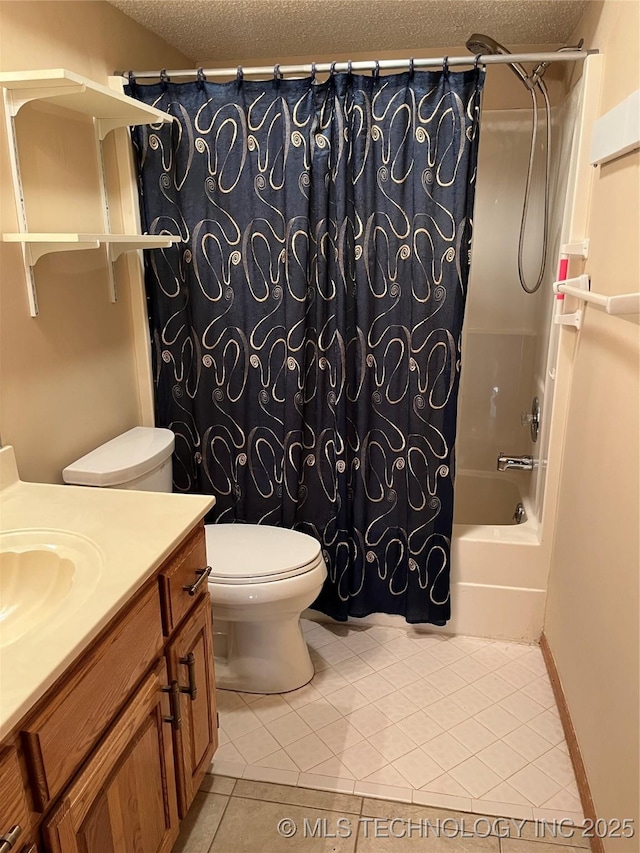 full bathroom featuring shower / bath combination with curtain, tile patterned flooring, vanity, toilet, and a textured ceiling