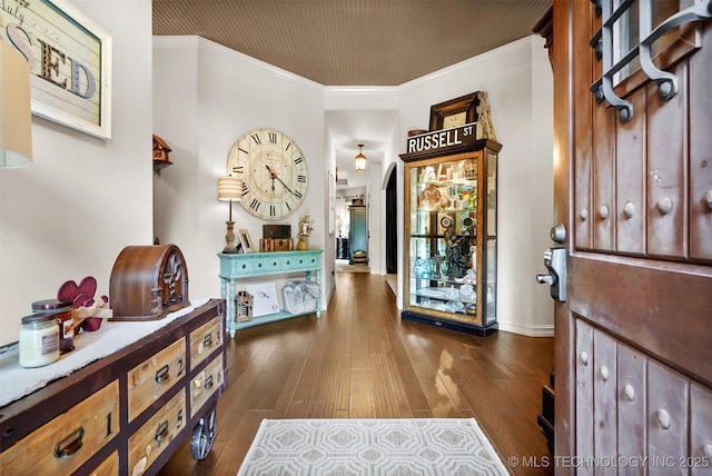 foyer featuring dark hardwood / wood-style flooring and ornamental molding