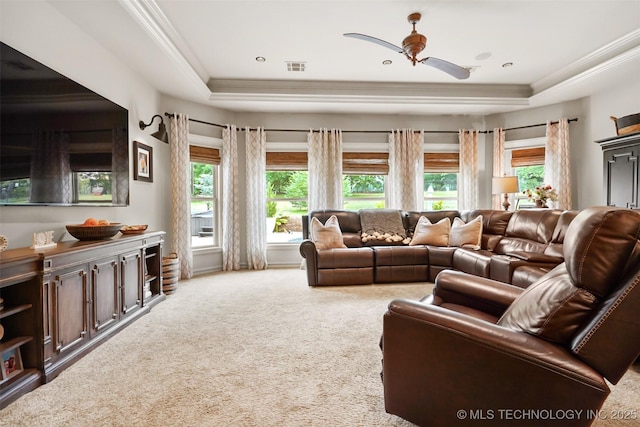 living room featuring a raised ceiling, crown molding, and carpet floors