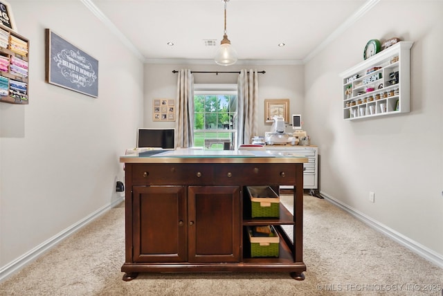 carpeted office space featuring ornamental molding