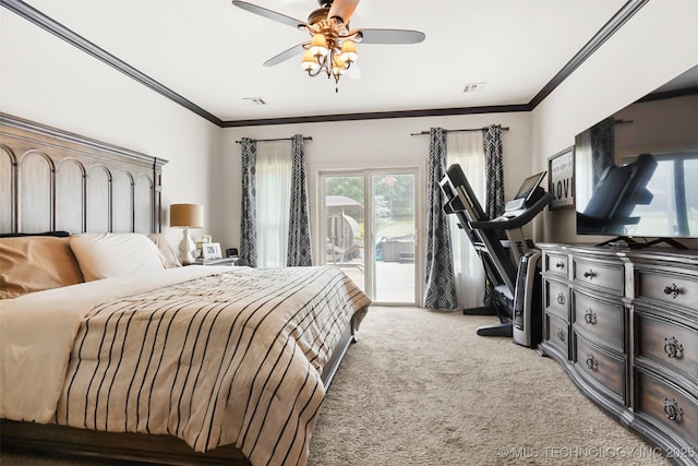 carpeted bedroom featuring crown molding, access to outside, and ceiling fan