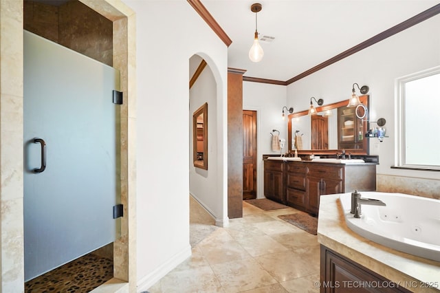 bathroom featuring vanity, shower with separate bathtub, and crown molding