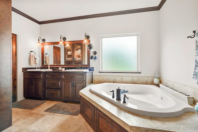 bathroom featuring a relaxing tiled tub, ornamental molding, and vanity