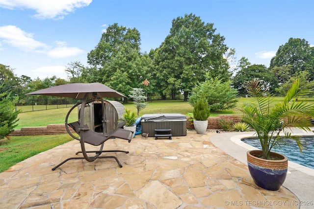 view of patio featuring a hot tub